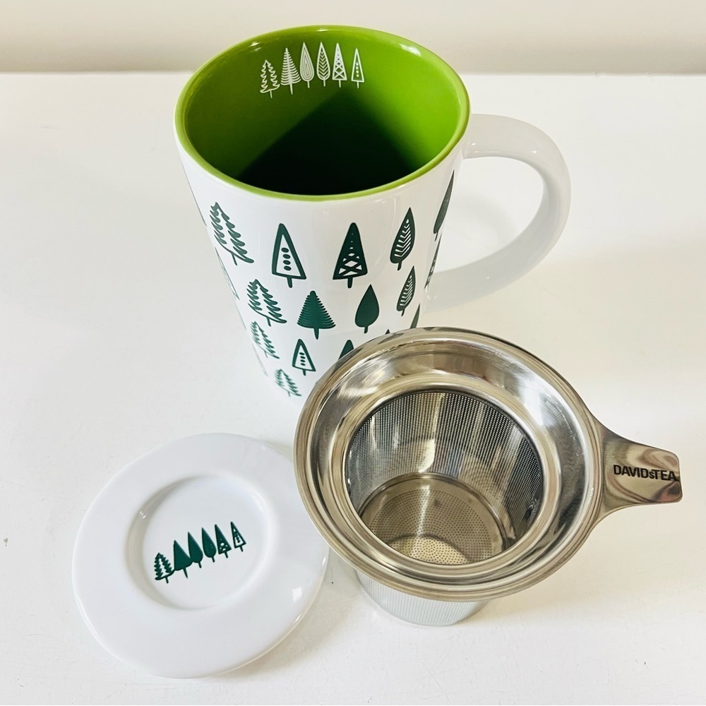David’s Tea White and Green Tree Pattern Mug with Lid and Tea Infuser - Picture 6 of 8